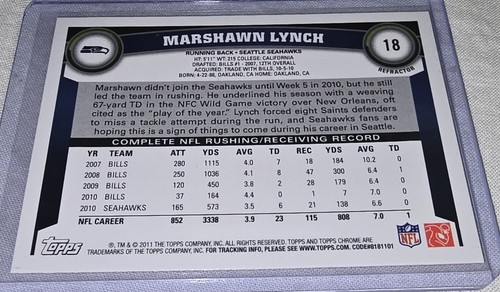 Marshawn Lynch 2011 Topps Chrome #18 arancione rifrattore parallelo Seattle Seahawks - Foto 7 di 7