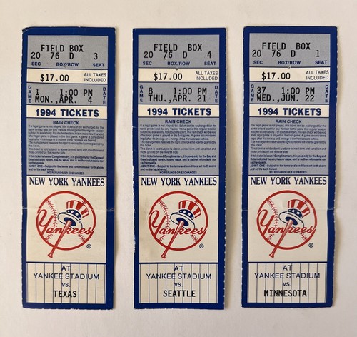 Lotto Stub Biglietti New York Yankees 1994 (3) Twins Rangers Mariners MLB Baseball