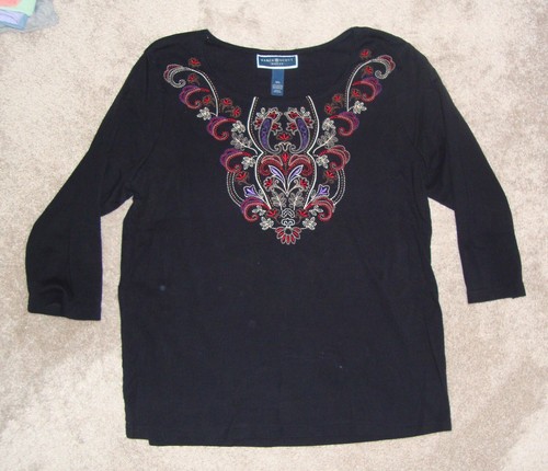 Women's Karen Scott Black Embroidered Knit Shirt - Size 0X - Super Cute!