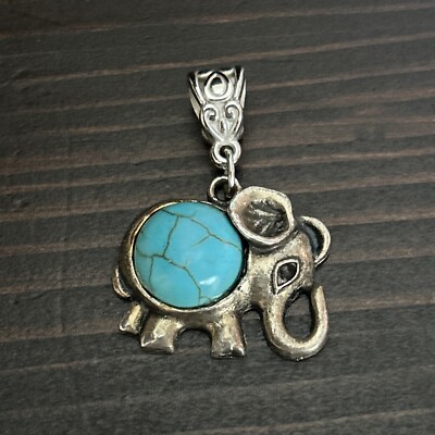Silver Turquoise Stone Elephant Necklace Good Luck Charm Plated EUC