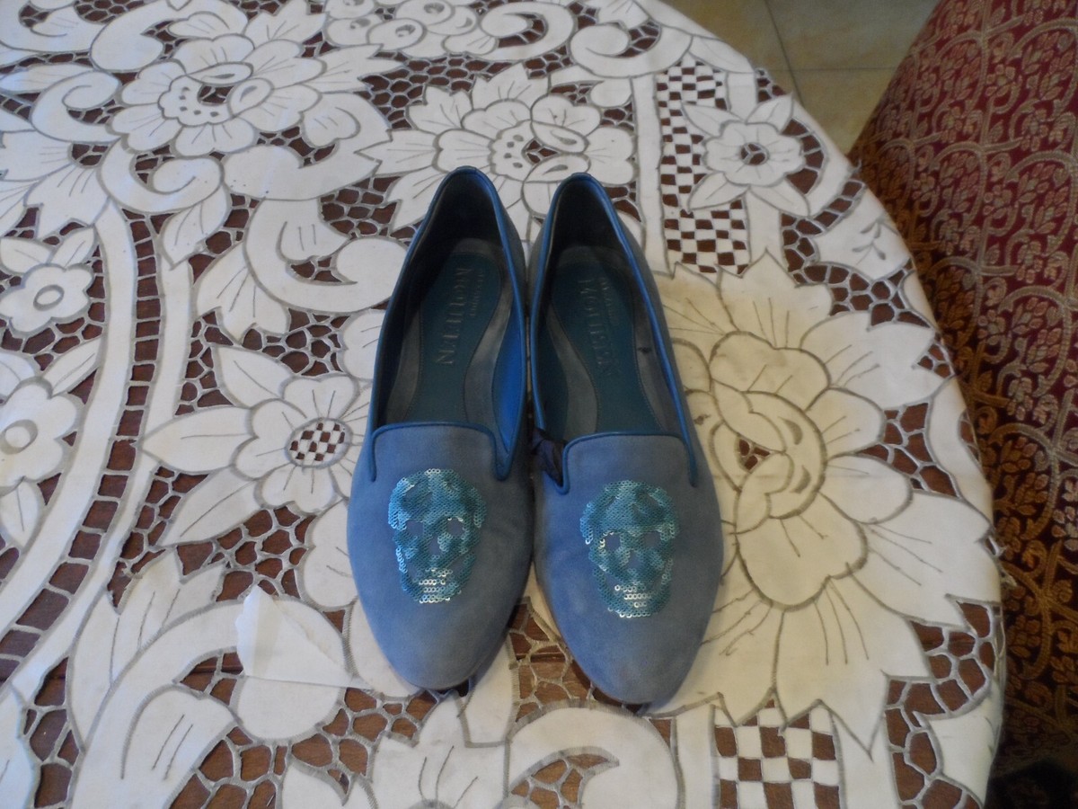 Alexander McQueen Light Blue Suede Loafers w/Sequin Skull Detail