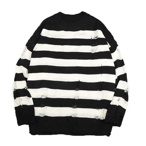 Maglioni a righe neri distrutti strappati maglione uomo pullover maglia foro maglioni - Foto 5 di 21