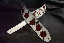 Guitar strap leather tooled all hand made in USA Roses 3" new red white