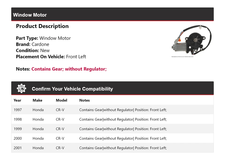 Motor ventana delantero izquierdo cardone 1998 1999 2000 Honda CR-V 1997-2001 Foto 2 de 4