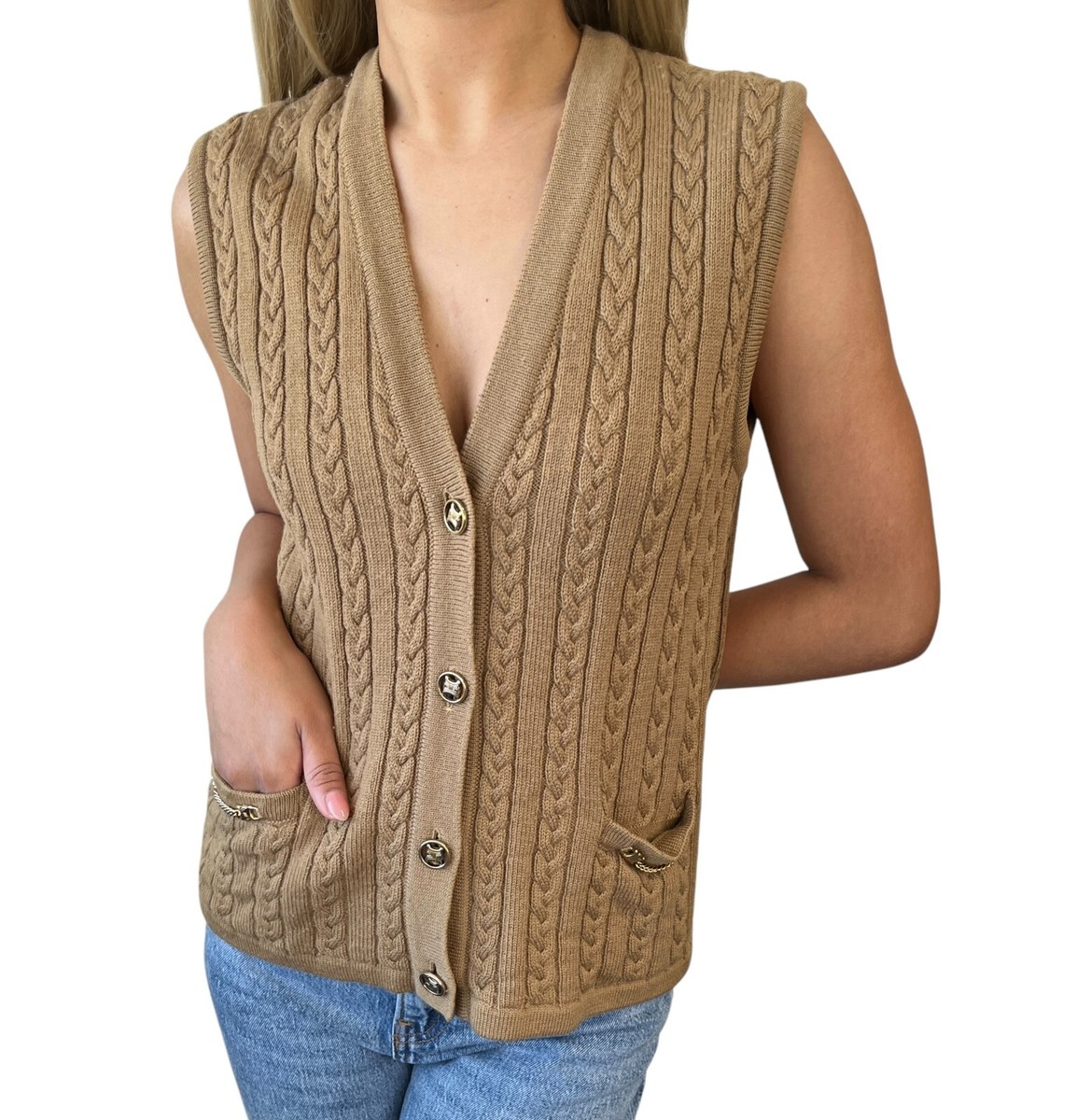 CELINE Vintage Macadam Logo Knit Vest #38 Button Pocket Beige Gold