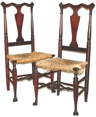 Pr Side CHAIRs & FOOTSTOOL, Hudson River Valley, Queen Anne, Marked, Black, 40''t