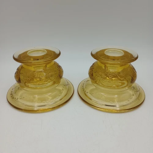 Amber Federal Depression Madrid Pattern Glass Candle Holders Set Of 2 VTG READ