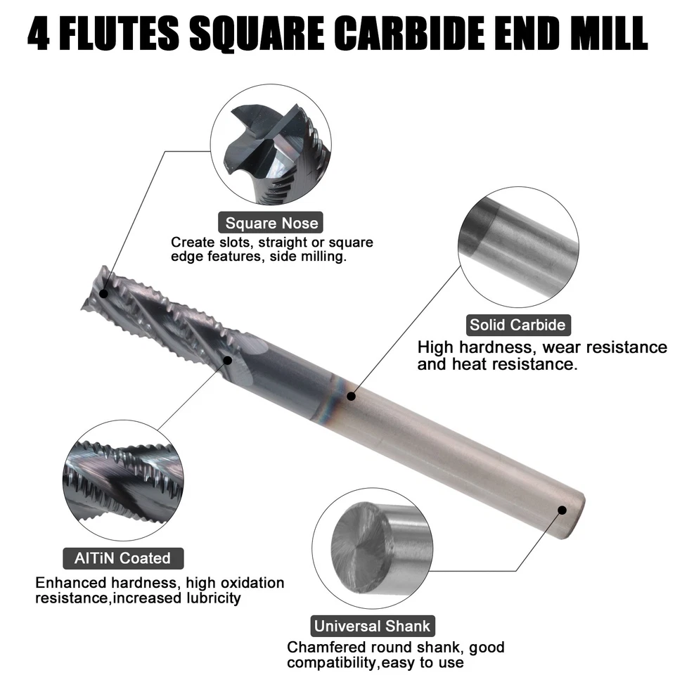 10件装4长笛1/4英寸x3/4英寸x2-1/2英寸实心硬质合金粗加工端铣刀-AlTiN涂层 — 第 2/4 张图片