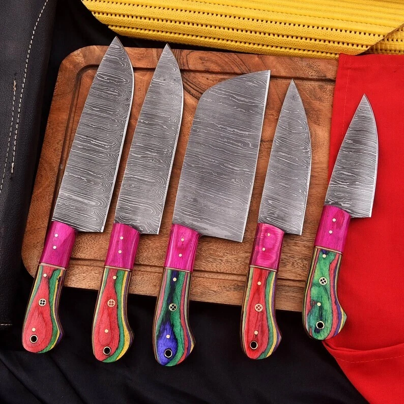 CUSTOM HAND FORGED DAMASCUS STEEL KITCHEN TOOL CHEF KNIFE SET WITH ROLL BAG