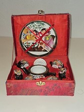 Vintage WY Chinese 9 Piece Miniature Tea Set in Red Silk Box