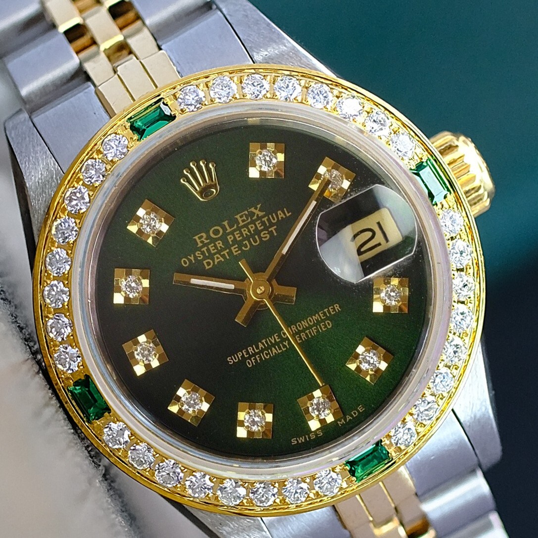 Rolex Datejust 69173 Two-Tone Green Dial Emerald Bezel 18KY SS