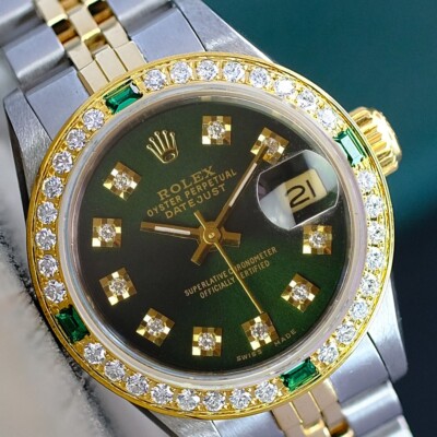 Rolex Datejust 69173 Two-Tone Green Dial Emerald Bezel 18KY SS