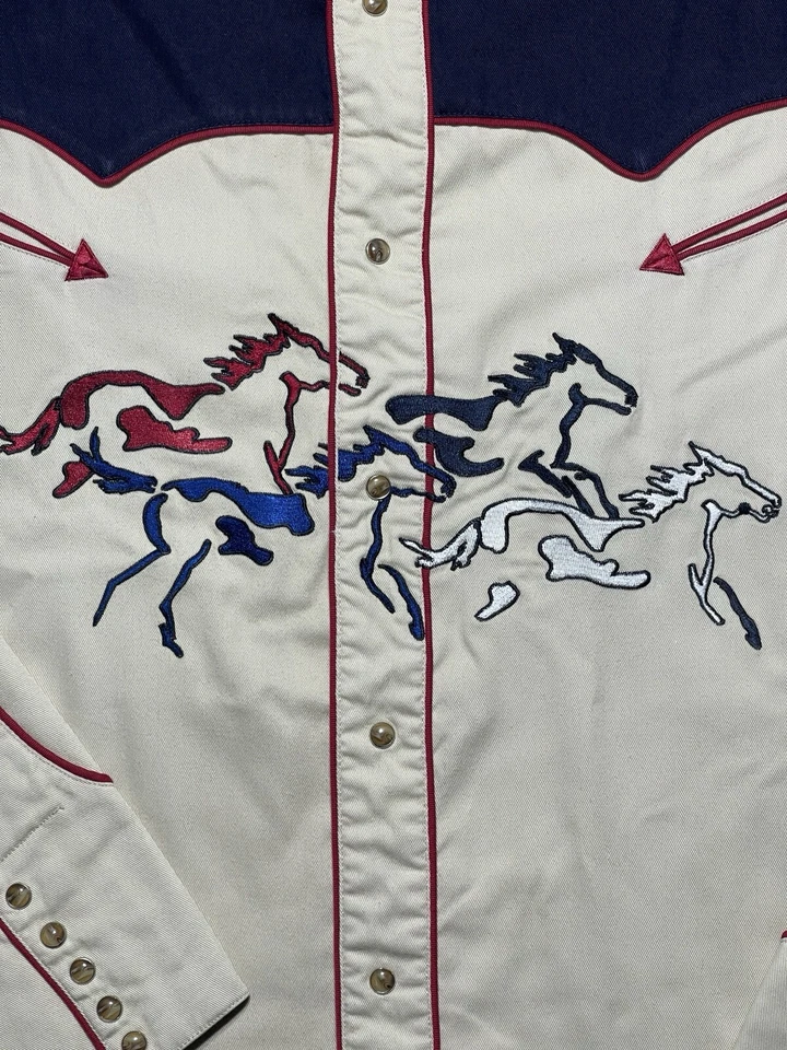 Camisa vaquera bordada vintage Roper para hombre 2XL Rockabilly caballos de rodeo Foto 4 de 4