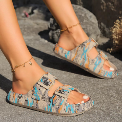 Sommer Damen Hausschuhe Weich Strand Sandalen Verstellbar Doppel-Schnalle