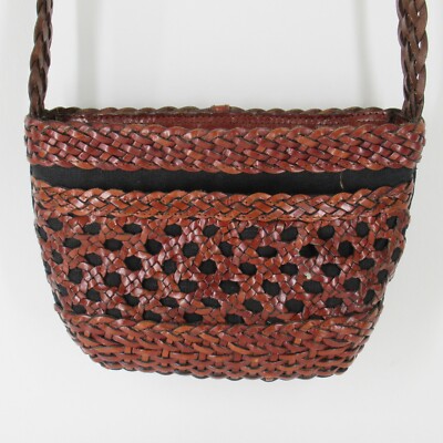 Vintage Aspects Crossbody Handbag S Brown Braided Leather Black Canvas Purse Bag
