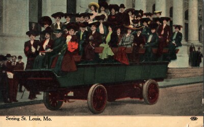 Seeing St. Louis MO Mostly Fancy Hat Woman Tourists in Green Cart 1913 Postcard