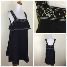 MADEWELL Black Taupe/Mustard Embroidery Linen Mix Square Neck Dress Womens Small