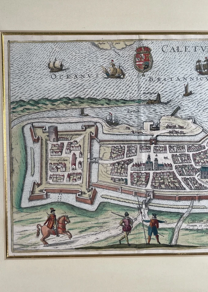 Antiguo mapa Braun Hogenberg Calais Francia color Atlas ciudad impresión siglo XVI Foto 3 de 4