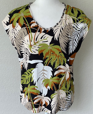 MARCCAIN V Neck Cap/Short Sleeve Pullover Top Palm Print Sz N4 US 10 EUC