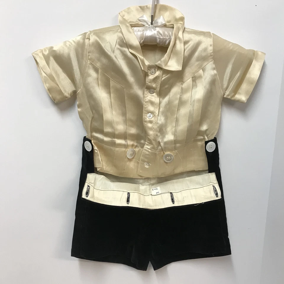 Traje Bobby Vintage Niños Beige Seda Camisa Negro Terciopelo Pantalones Cortos Cintura Botones Talla 4 Foto 3 de 4