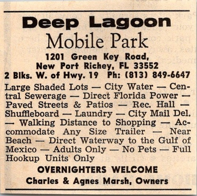 #ad Deep Lagoon Mobile Park Charles amp; A Marsh New Port Richey FL 1974 Ad TAK6 S16 $13.50