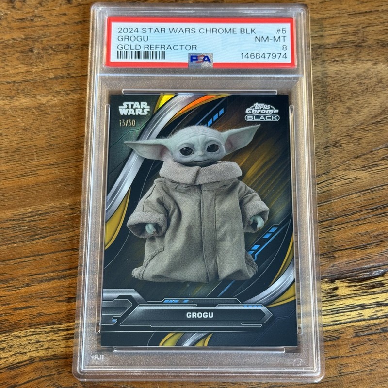 Grogu 2024 Topps Chrome Black Star Wars GOLD 15/50 Refractor Card #5 PSA 8