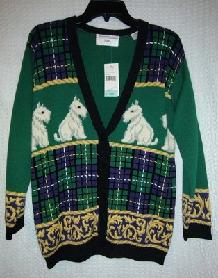 Marisa Christina Womens Petite Small Green Argyle Cardigan Scottie Dogs 