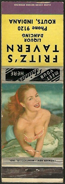 vintage GIRLIE real photo ~ FRITZ’S TAVERN ~ matchbook cover KOUTS, IN indiana
