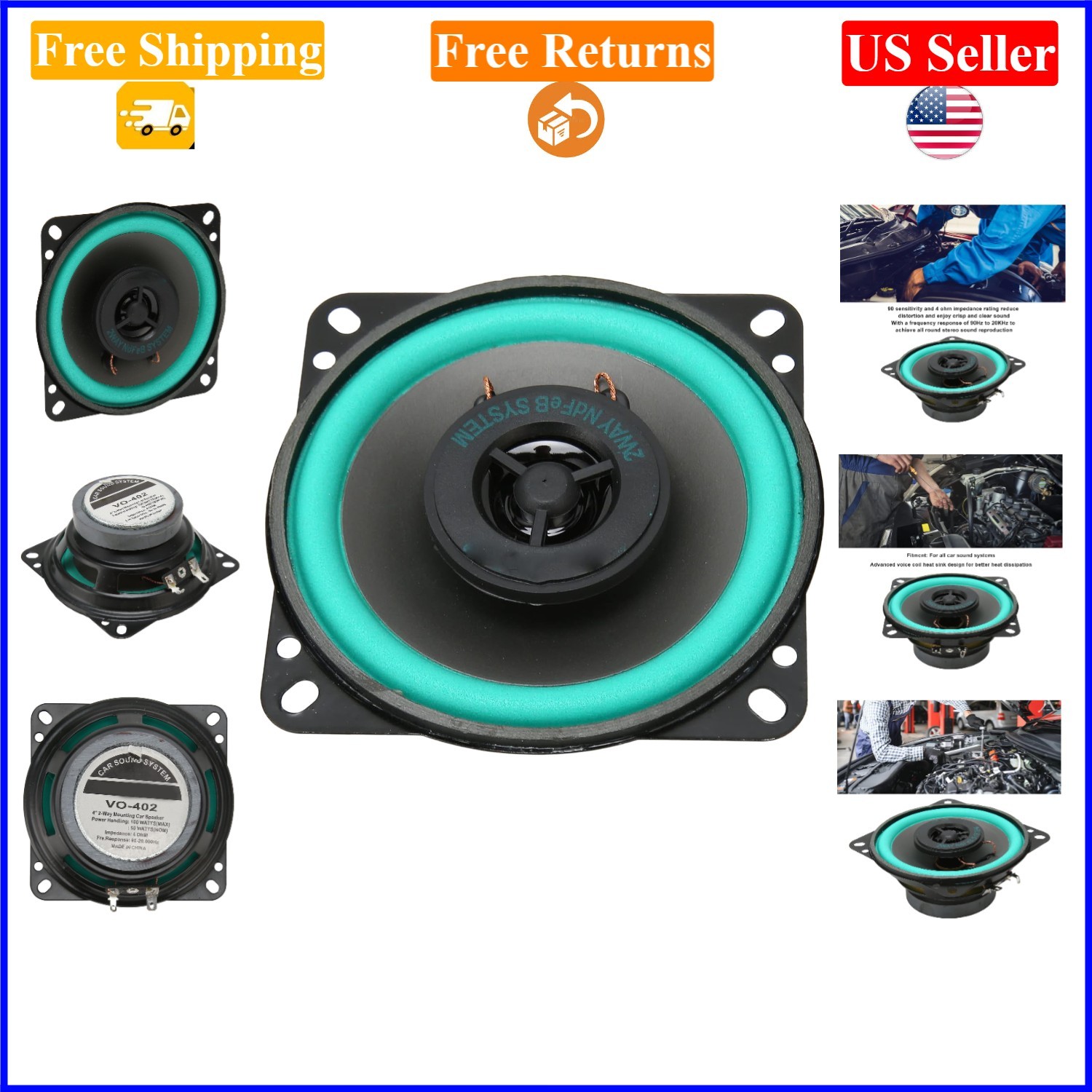 100W 4 Inch Car Coaxial Speakers, High Power, Clear Sound, Universal Fit