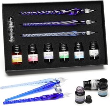 ESSSHOP Glass Pen Calligraphy Set - 3 Blue Crystal Dip Pens Color Ink and Pen Ho