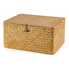 Seagrass Storage Hamper with Lid – Woven Wicker Desktop Basket 40x28x19cm