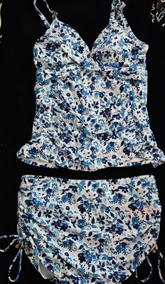 Nicole Miller Studio 2PC Tankini Ruched Swimsuit Blue Tropical Floral Gems Med