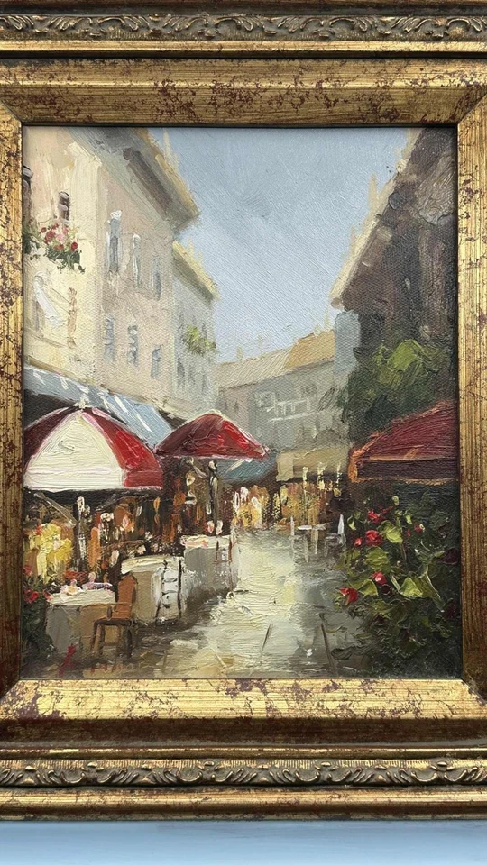 Framed Original Oil Painting, European Street Café Scene, Impressionist Style  - Image 3 of 4