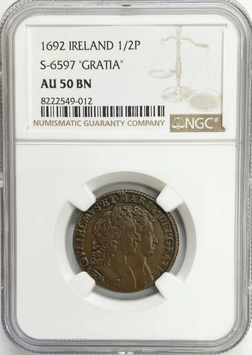 1692 IRELAND 1/2 PENNY WILLIAM & MARY "GRATIA" COIN NGC AU 50 BROWN S-6597