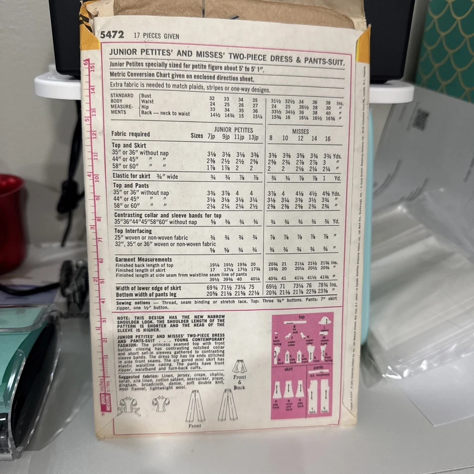 FREE SHIP! 5472 Simplicity Sz 7JP (Junior Petite) Sewing Pattern Juniors 1970s - Image 2 of 2