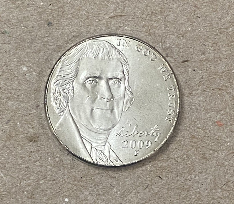 2009 P Jefferson Nickel Uncirculated from Bank Roll Wrapped by Dunbar. 1 Coin.
