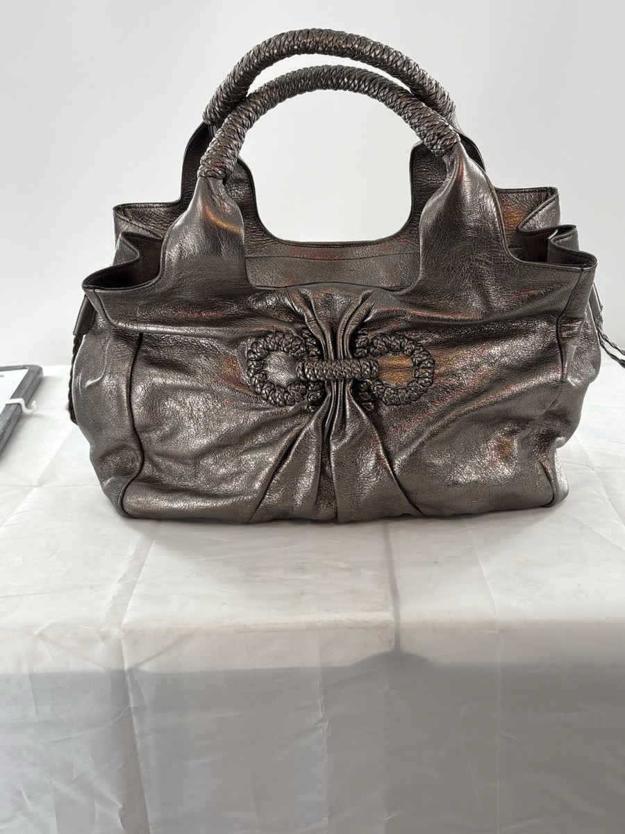 Salvatore Ferragamo Gancini Metallic Pewter Leather Braided Handle