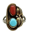 Vintage Navajo Sterling Silver Coral & Blue Turquoise Ring Size 7