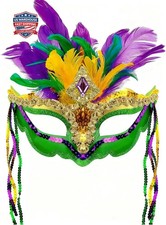 Mardi Gras Masquerade Mask for Women, Glitter Venetian Carnival Mask with Feathe