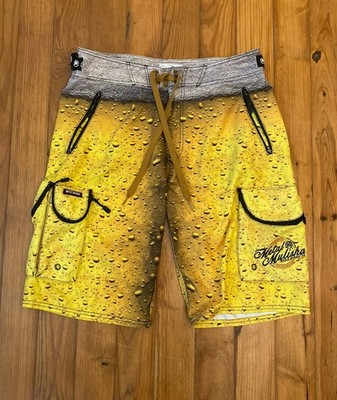 Metal Mulisha Y2K Board Surf Shorts Miller Beer Graphic Yellow Print Size M