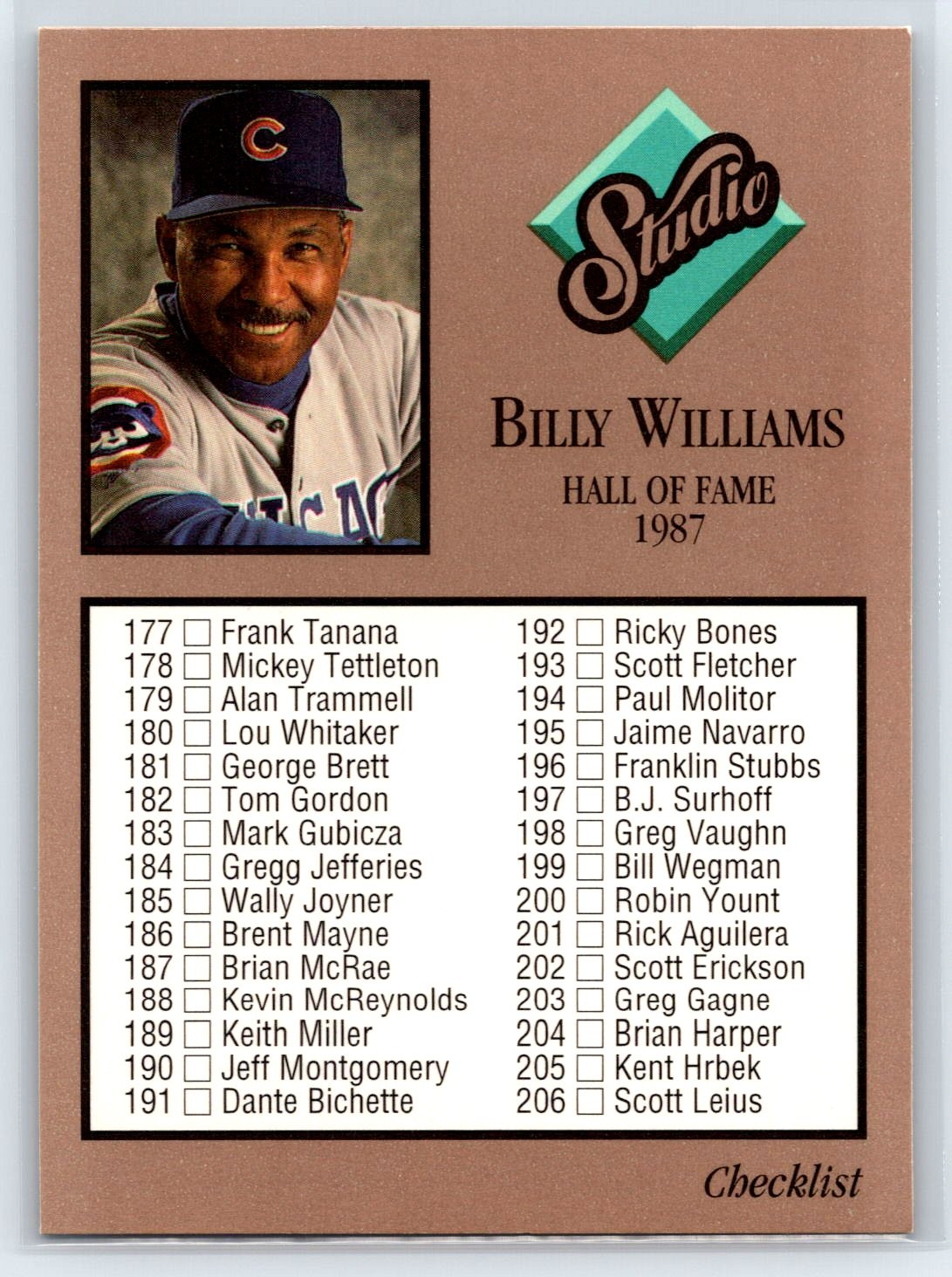 1992 Studio Billy Williams Checklist Chicago Cubs #263