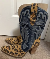 Dingo Women's Leopard Denim Tipsy Western Boots Sz: 7