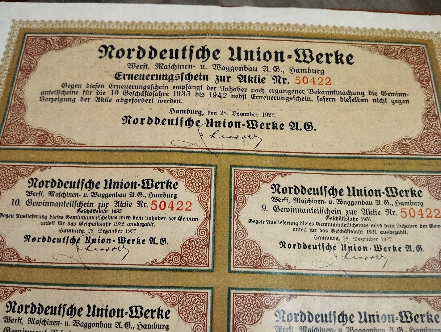 Germany 1922 Hamburg Norddeutsche Union Werke 1.000 Mark Coupons Share Bond Loan