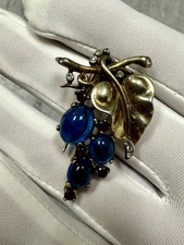 Crown Trifari Signed Golden Grape Fur Clip Brooch Blue Glass Gem Red Rhinestone