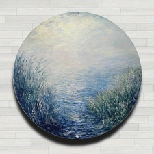 Coastal Landscape Round Metal Wall Art Blue Green Ombre Frameless