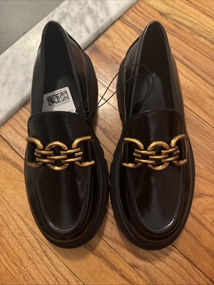 H&M Black Faux Leather Chunky Platform Gold Chain Link Loafers Sz 6 37  Black