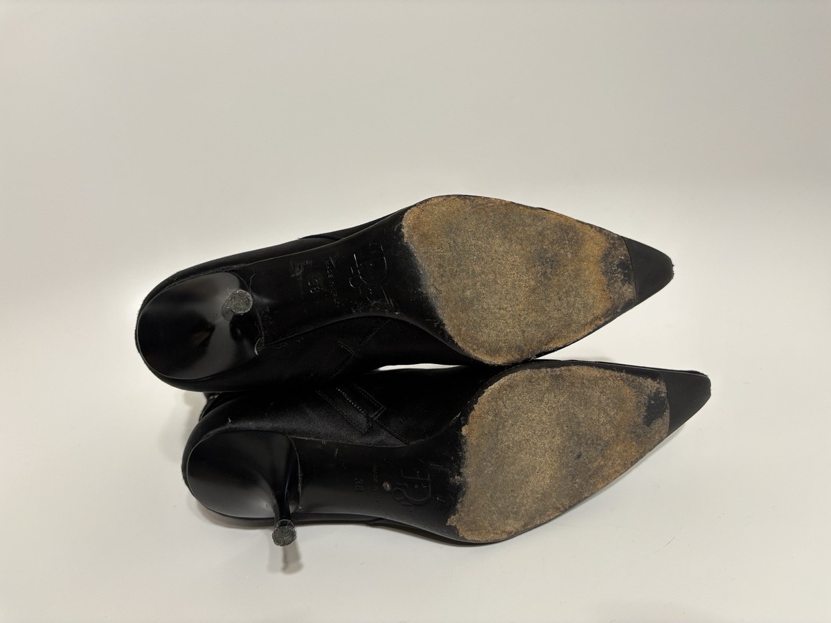 Vtg Christian Dior by John Galliano Black Silk Satin Logo Boots 38