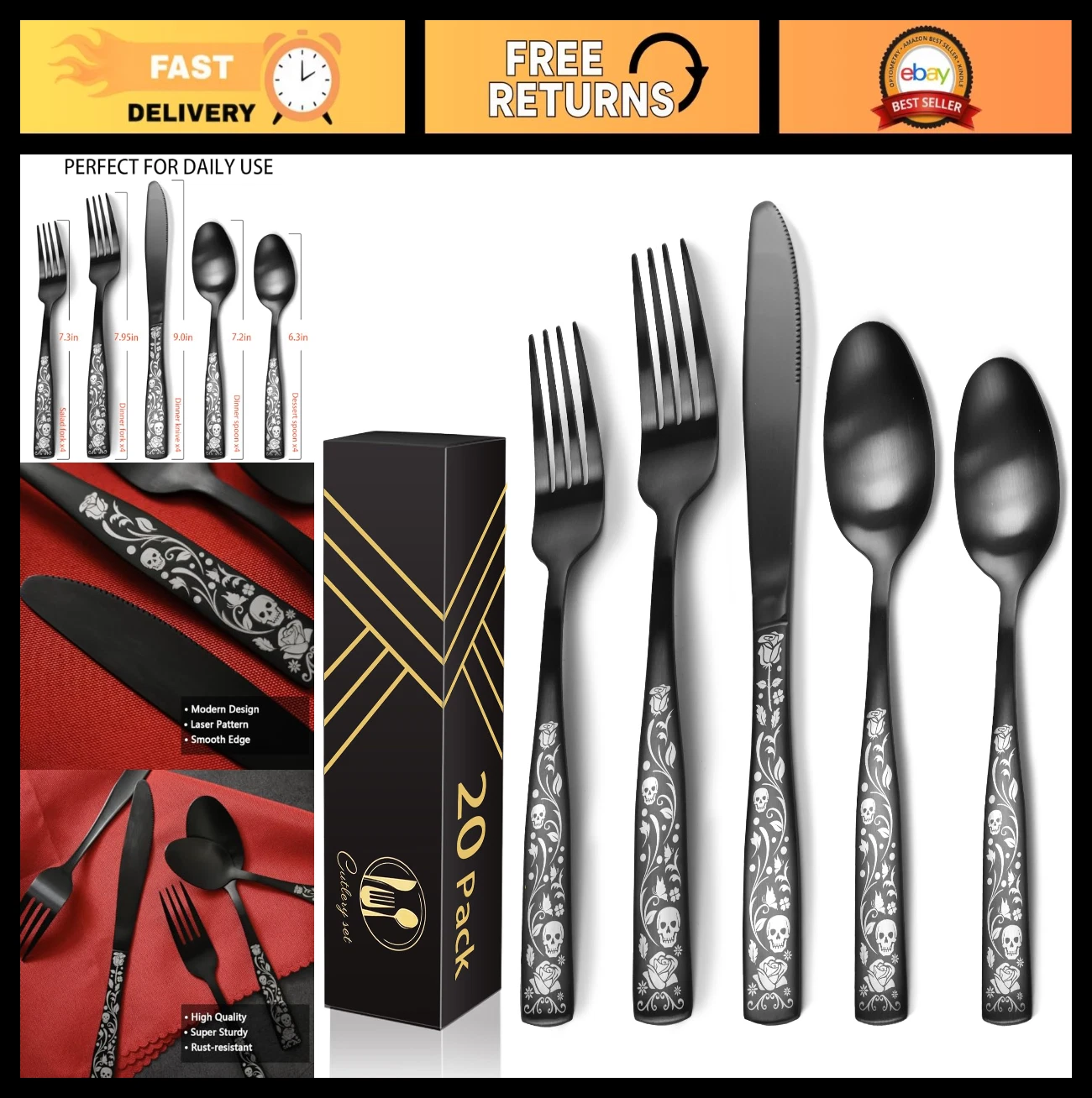 20-Piece Gothic Skull Rose Silverware Set for 4, Stainless Steel Flatware, Hallo