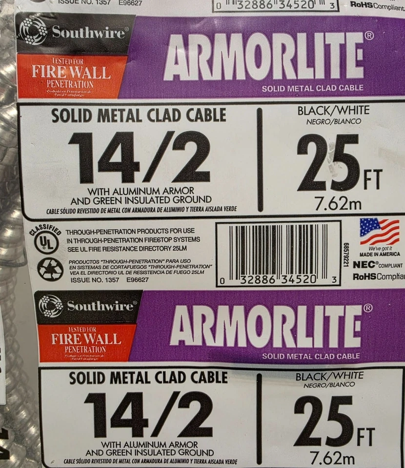 Nuevo cableado Armorlite revestido de metal sólido 14/2 negro/blanco armadura de aluminio 25' Foto 3 de 4