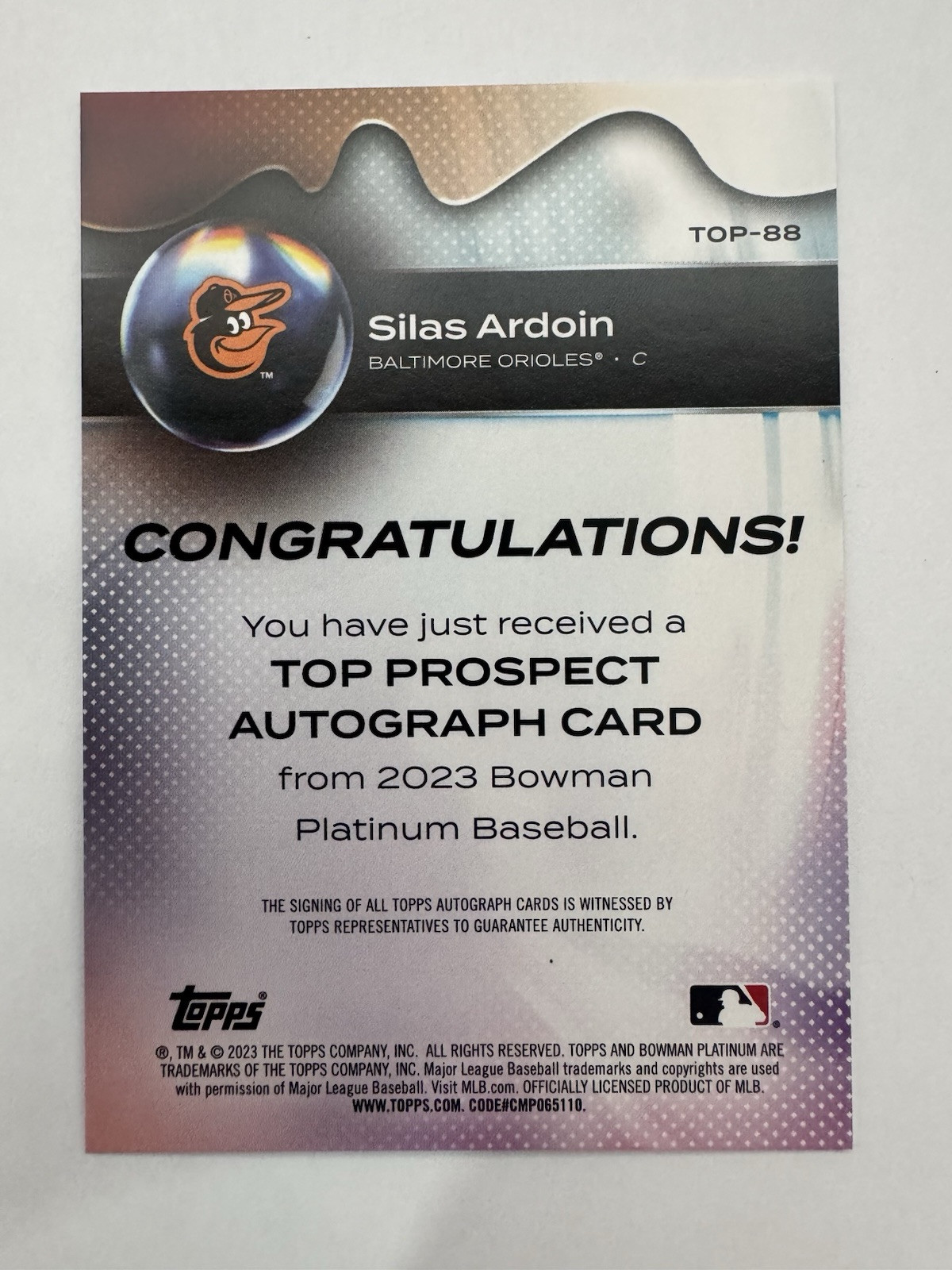 2023 Bowman Platinum Top Prospect Auto TOP-88 Silas Ardoin Baltimore Orioles